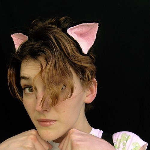 Clip On Black and Pink Cat Ears, Halloween Costume Cosplay Kitty Perfect Accessory