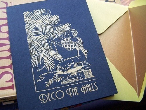 Deco the Halls Screen Printed Holiday Card Black Gold - greenporchlights