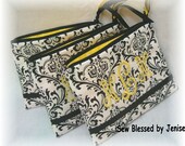 3 Bridesmaid Gifts -3 Monogrammed Cosmetic Bags in Damask