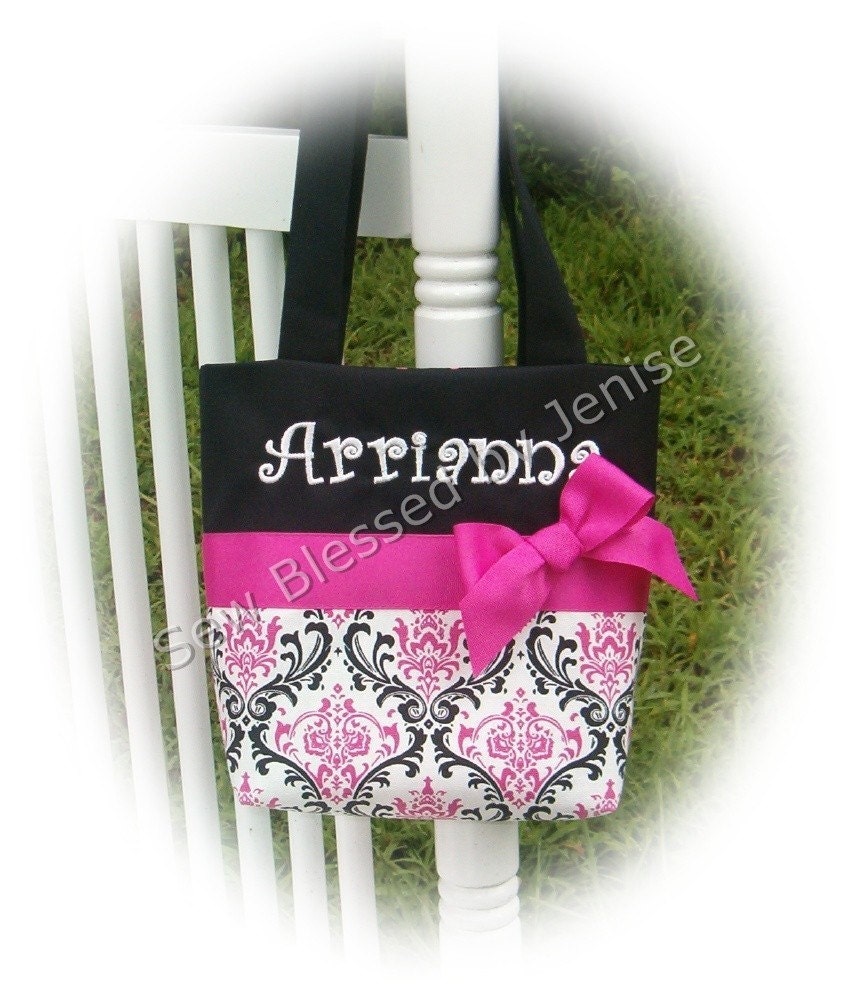 Flower Girl Gift , Monogrammed tote in Damask