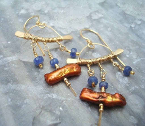 Handmade Blue and Copper  14k gold filled earrings