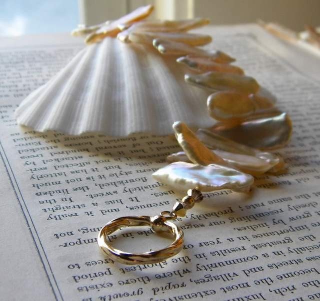 Peach luster pearl stick Bracelet with 14k gold Filled Toggle