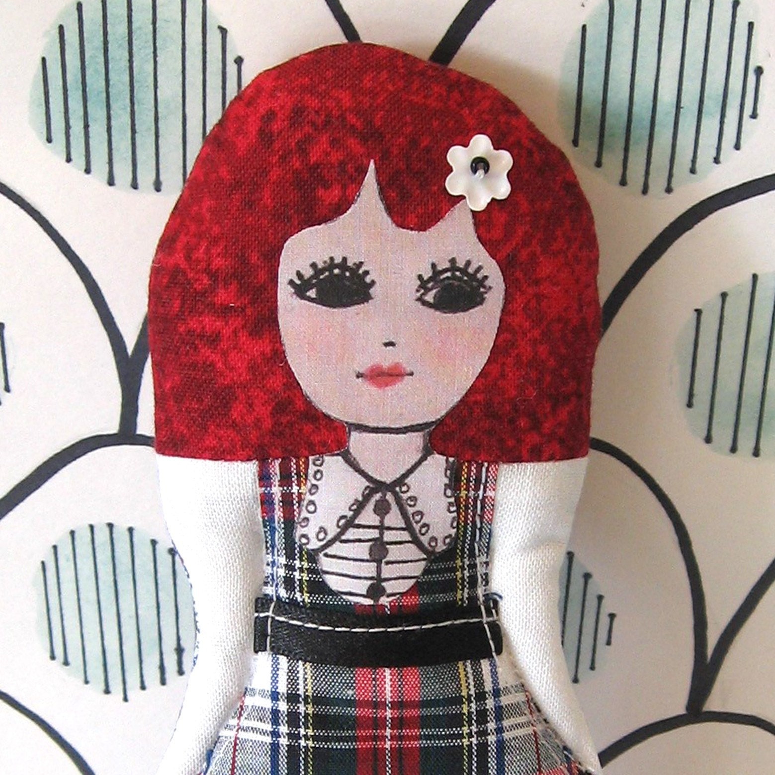 Scottish Art doll Iona with tartan pinafore dress