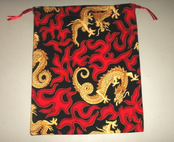 Chinese Dragon Gift or Storage Bag with Satin Drawstring Ties