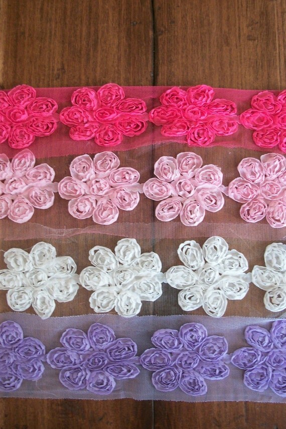New Shabby Chic RIBBON DAISY Rose Trim on Net-3 inch-Your Choice of 4 half yards