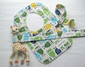 Baby Gift Set in Blue Hooty Owl with Minky Bib, Pacifier Clip and Sophie Leash