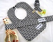 Black and White Chevron Baby Gift Set with Pacifier Clip, Sophie Leash Toy Tether and Minky Bib