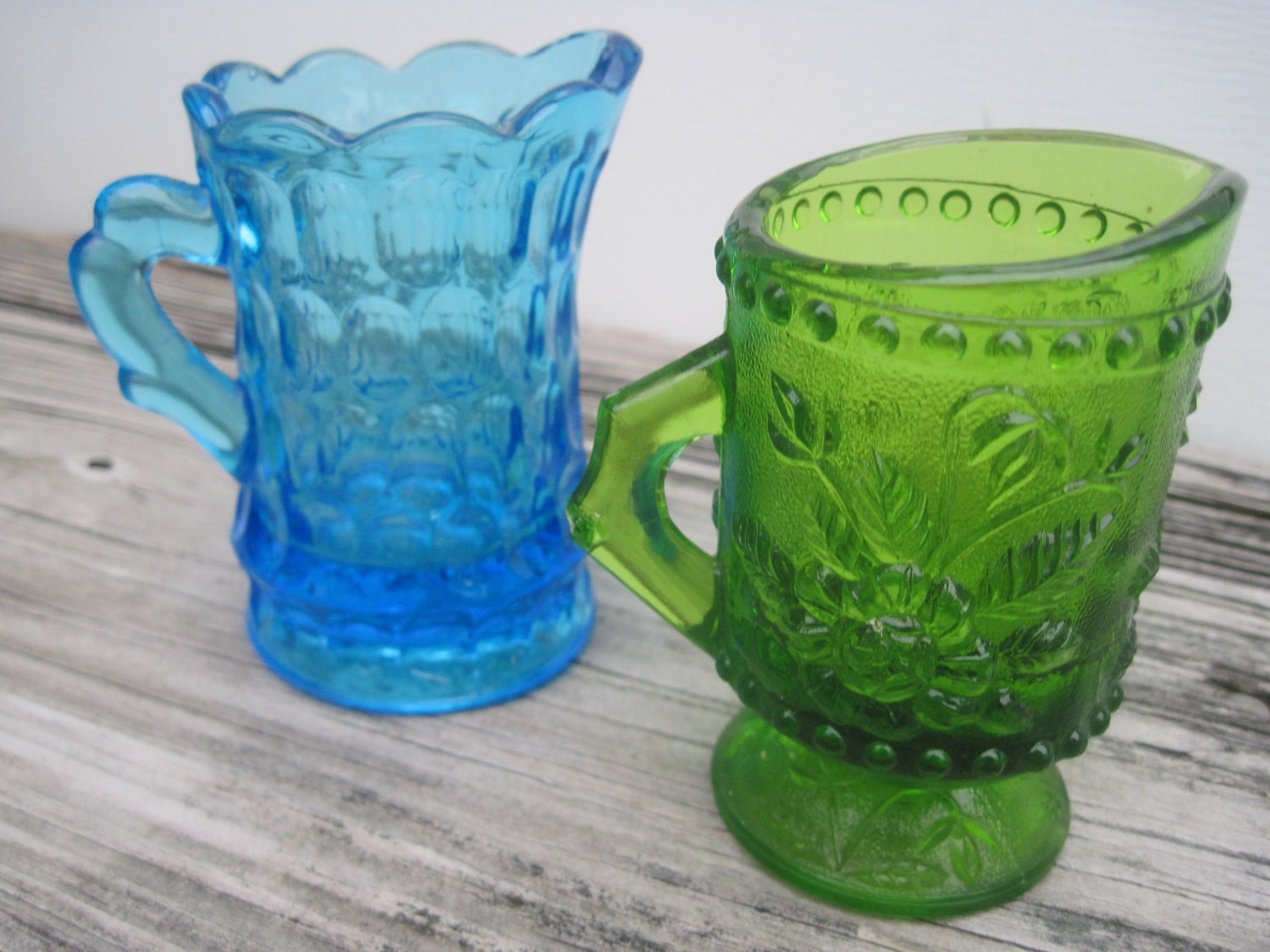 2 Vintage Shabby Chic Sea Glass Colored Mini Pitchers