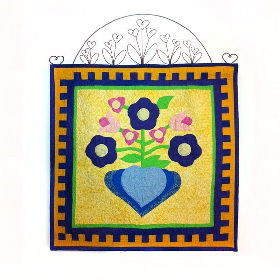 Quilted Folk Art Appliquéd Hearts and Flowers Wall Decor