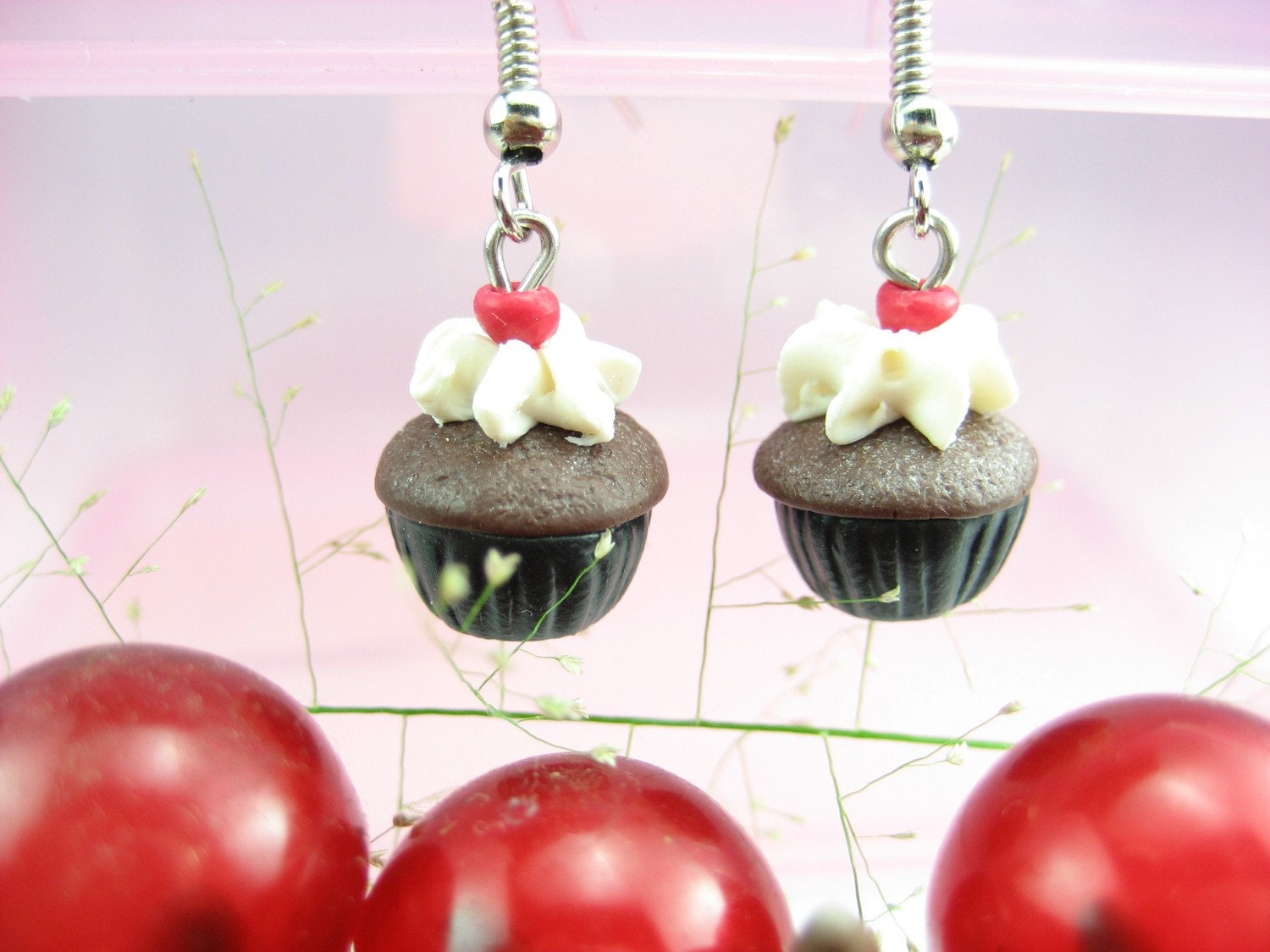 Mini Black Forest Cupcake Earrings - food jewelry