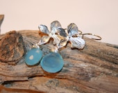 Silver flower dangle earrings with aqua blue chalcedony