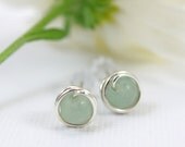 Tiny jade green post earrings sterling silver wire wrapped light green mini