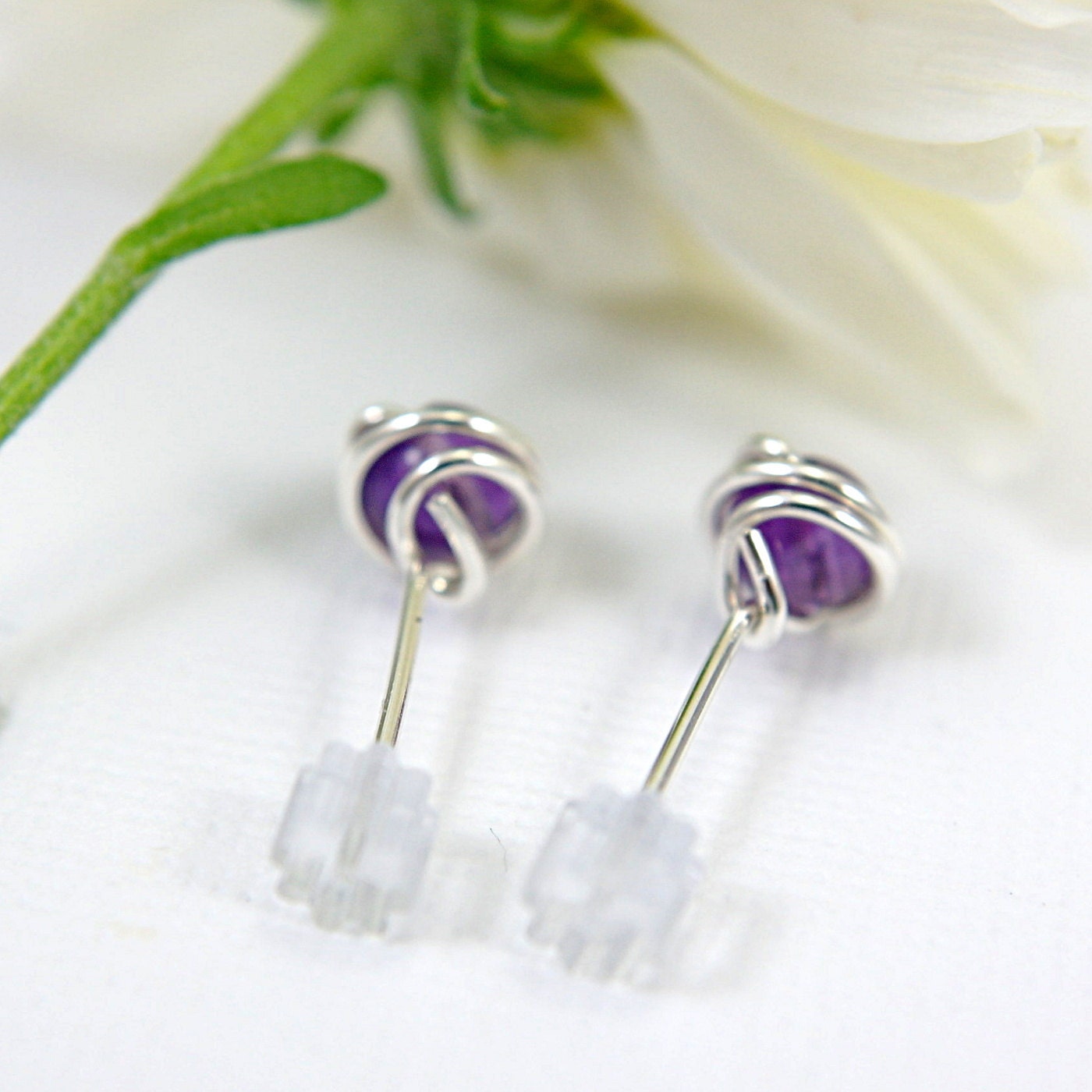 Tiny amethyst post earrings sterling silver wire wrapped purple jewelry mini