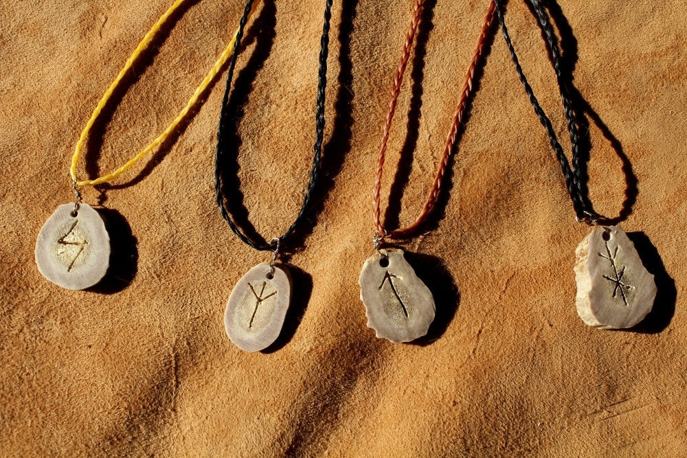 Deer antler necklace - real custom carved rune, bindrune or ogam deer antler pendant on hand-braided adjustable cord