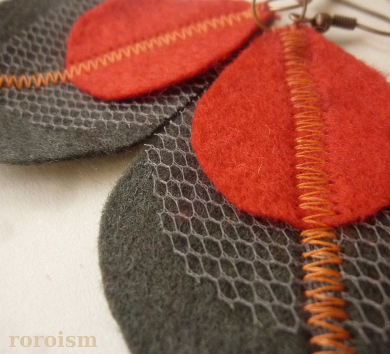Graphite and Red felt peacock feather earrings