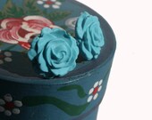 Aqua Blue Rose -  cabochon STUD earrings, pale, sky blue, polymer clay flower, made in EU