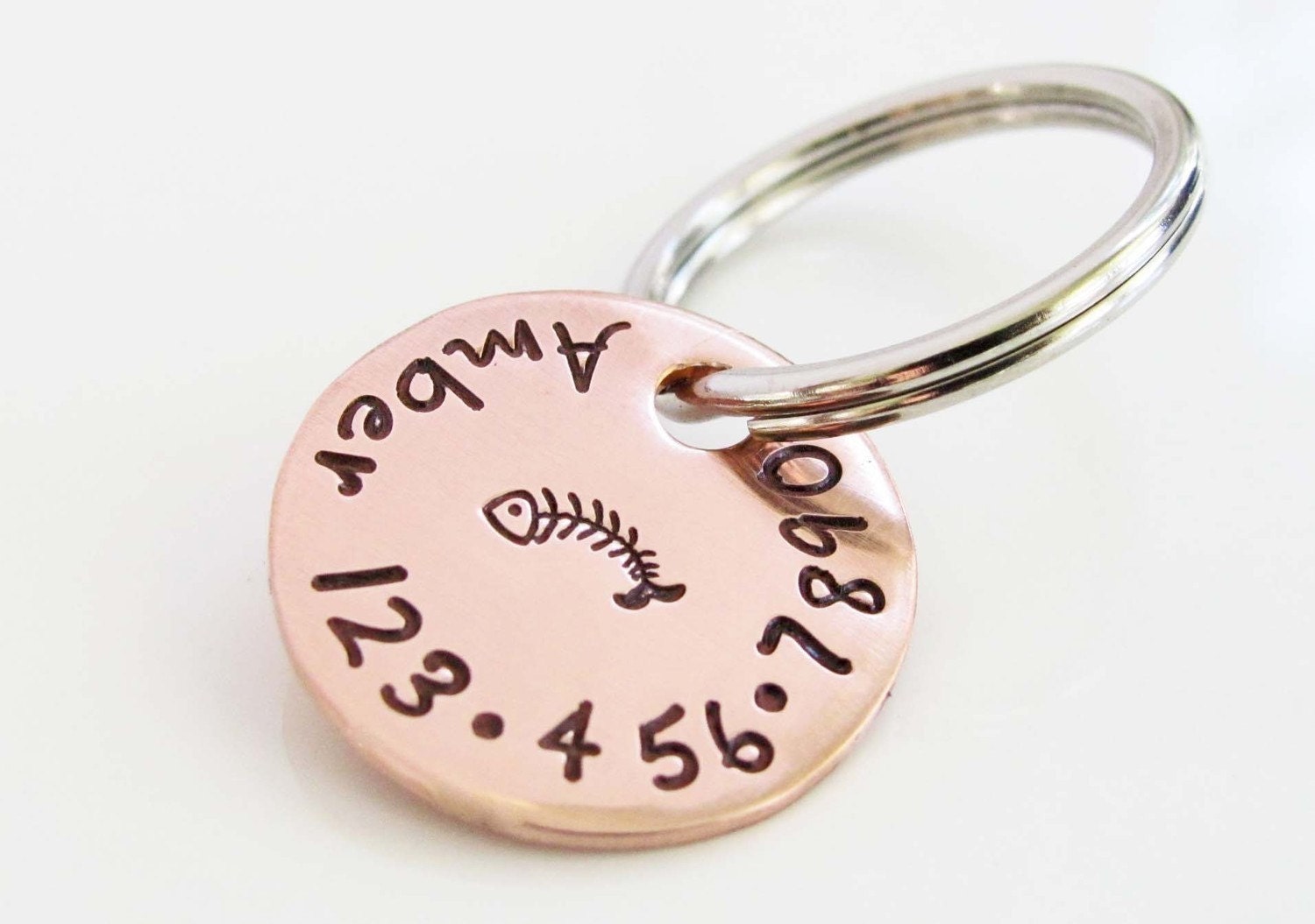 Cat ID Tag Hand Stamped, Petite Copper, Hand Made, Fishbone