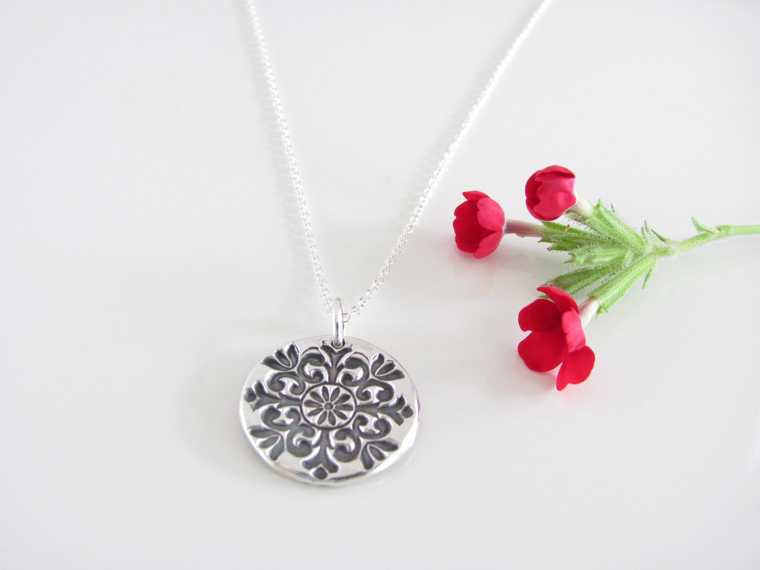 Small Floral Medallion- Hand Made from Fine Silver - Sterling Chain