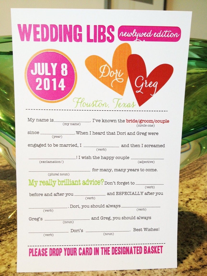 Wedding Mad Libs PDF FILE Print Yourself Bold Hearts Colors are Customizable Digital File
