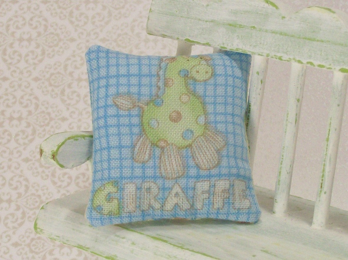 Dollhouse Miniature Mini Green Giraffe Pillow Nursery Blue Stripes One Inch Scale