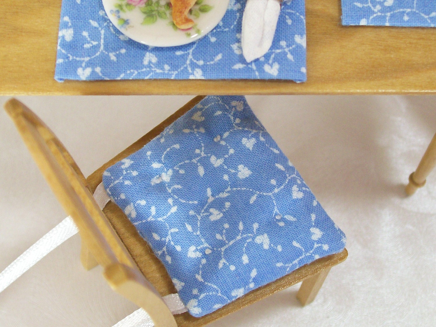 Dollhouse Miniature Kitchen Chair Cushions Pads Pair Blue Kitchenware One Inch Scale