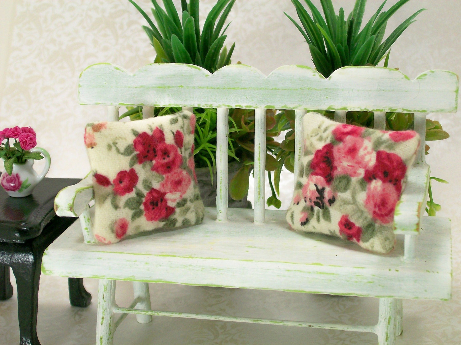 Dollhouse Miniature Mini Cabbage Roses Pillows Pink Red Rose Victorian Style Shabby Chic Flowers Floral One Inch Scale Throw Toss Cushions