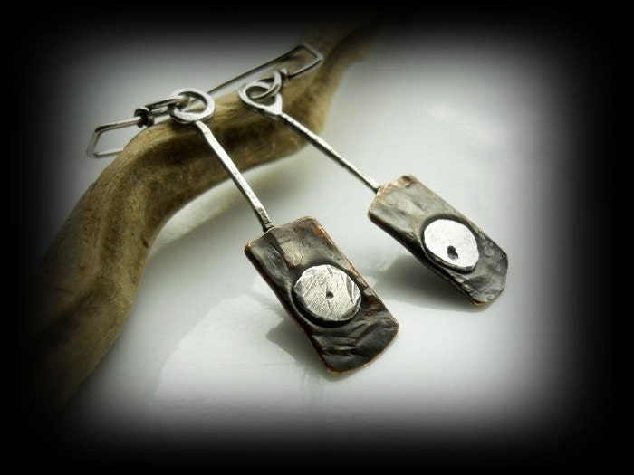 ON SALE - Salvage Look Dangle Earrings - Darkened Brass & Sterling Silver - OOAK