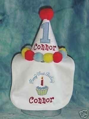 Circus, Custom, 2 Piece, First Birthday Hat and Bib Set, You Choose Colors, Gingham, Pom poms or Maribou, by GINGHAM BUNNY EMBROIDERY