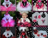 CUSTOM ORDER Minnie Hat with small bow, T-shirt, Ribbon Bloomers, and Bib