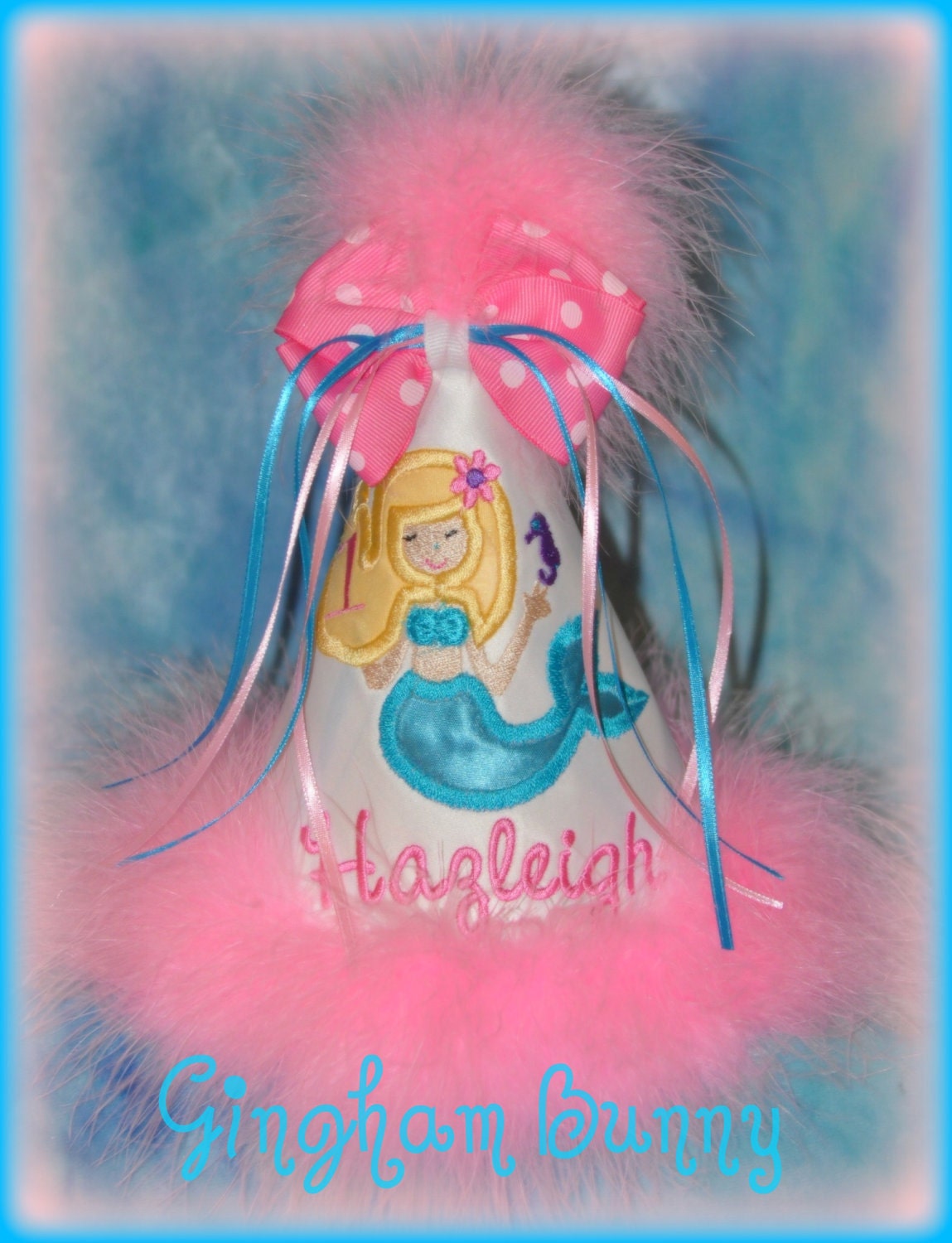 Aqua/Pink Birthday Mermaid Party Hat,   Great for Princess Parties,   You Choose Colors,  by GINGHAM BUNNY