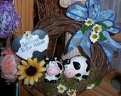 Cow Theme Twig Wreath in Blue, Yellow, Black, and White