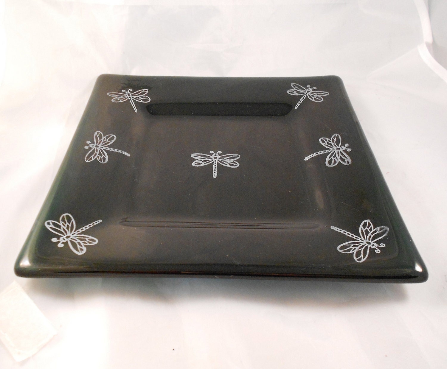 green dragonfly fused glass plate