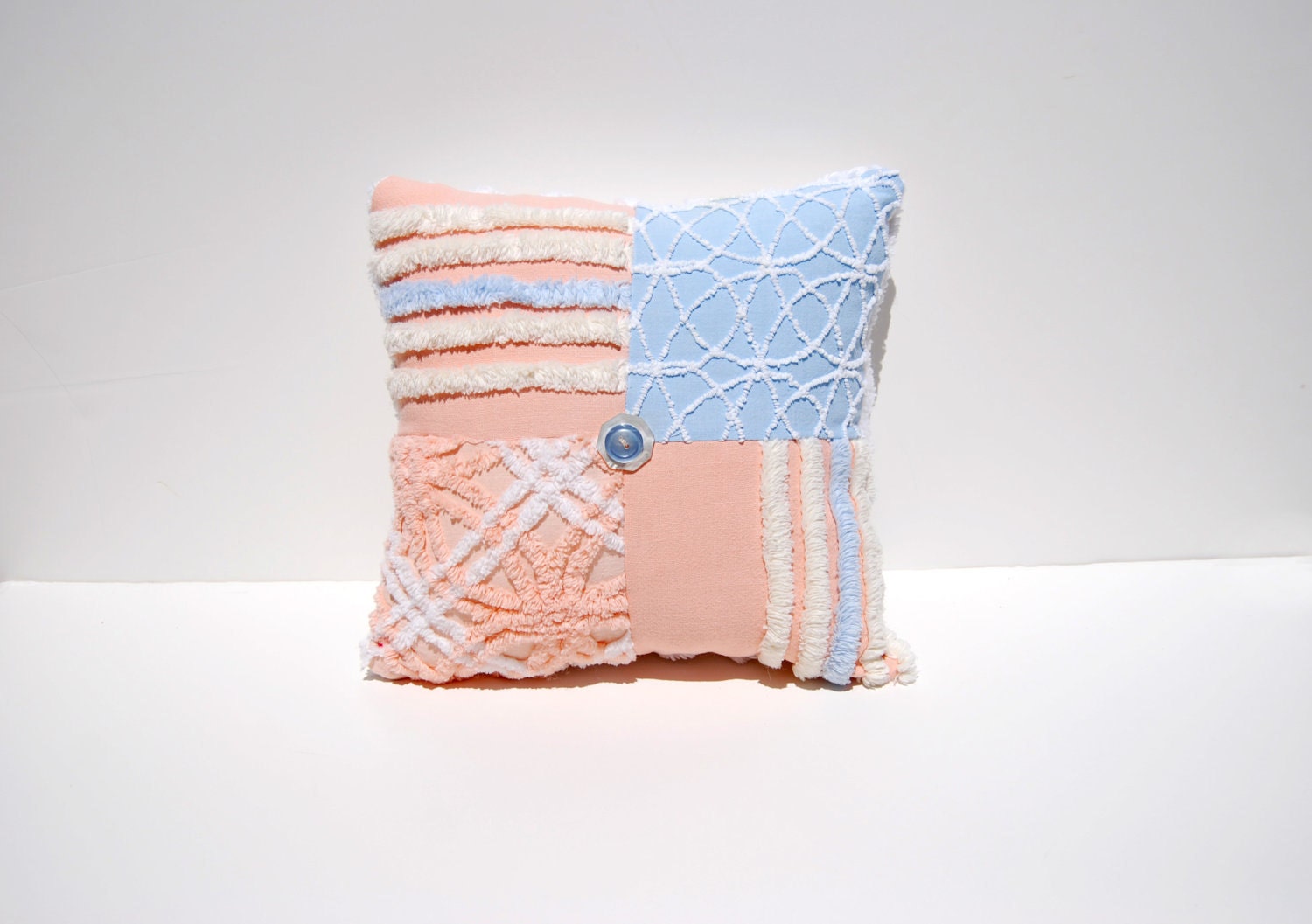Chenille Pillow - Peach Everly - Peach Blue Vintage Chenille Handmade Charm Pillow