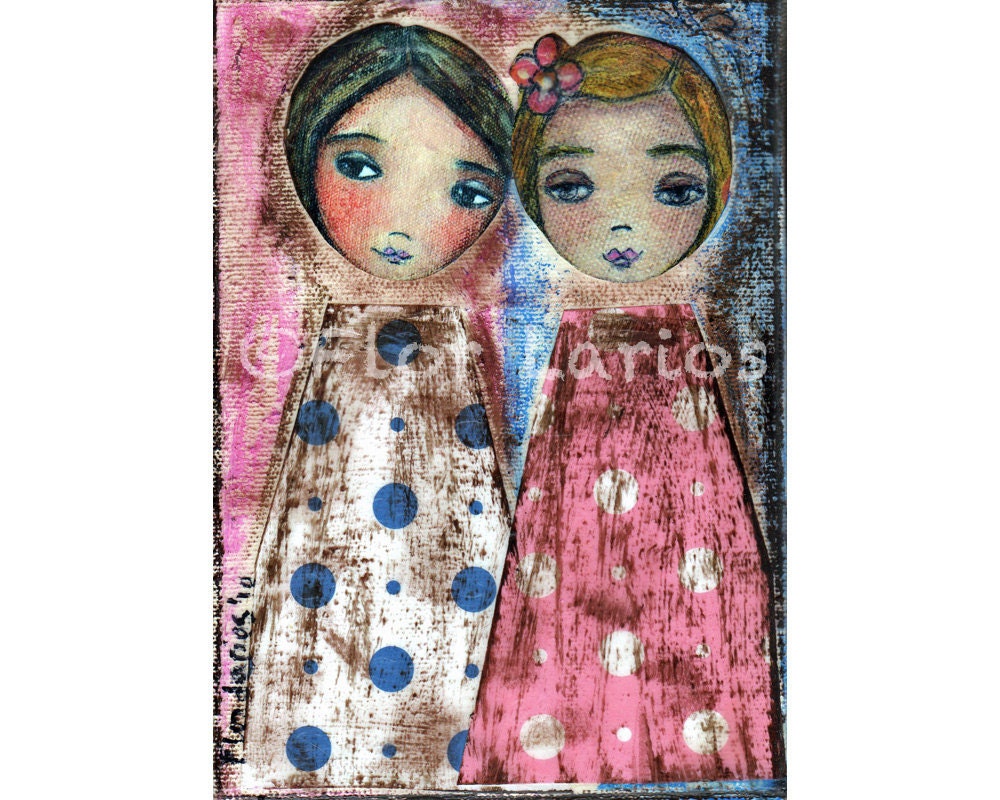 Girls - Folk Art  Print from Mixed Media Collage Painting (5 x 7  inches PRINT) by FLOR LARIOS