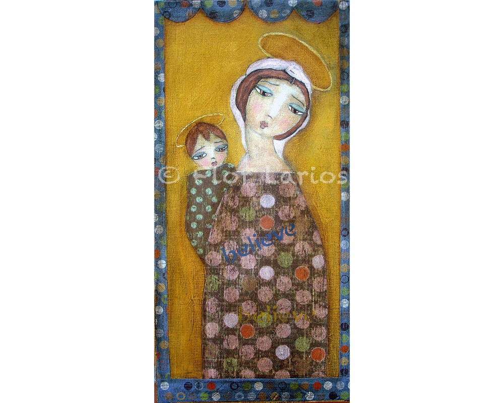 Mother and Child - Folk Art Primitive Collage Painting (3.5 x 7 inches Print) by FLOR LARIOS