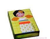 Frida in Green and Orange - ACEO Giclee print mounted on Wood (2.5 x 3.5 inches) Folk Art  by FLOR LARIOS
