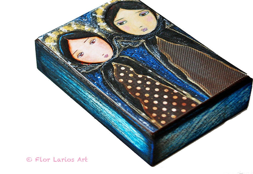 Two Angels - ACEO Giclee print mounted on Wood (2.5 x 3.5 inches) Folk Art  by FLOR LARIOS