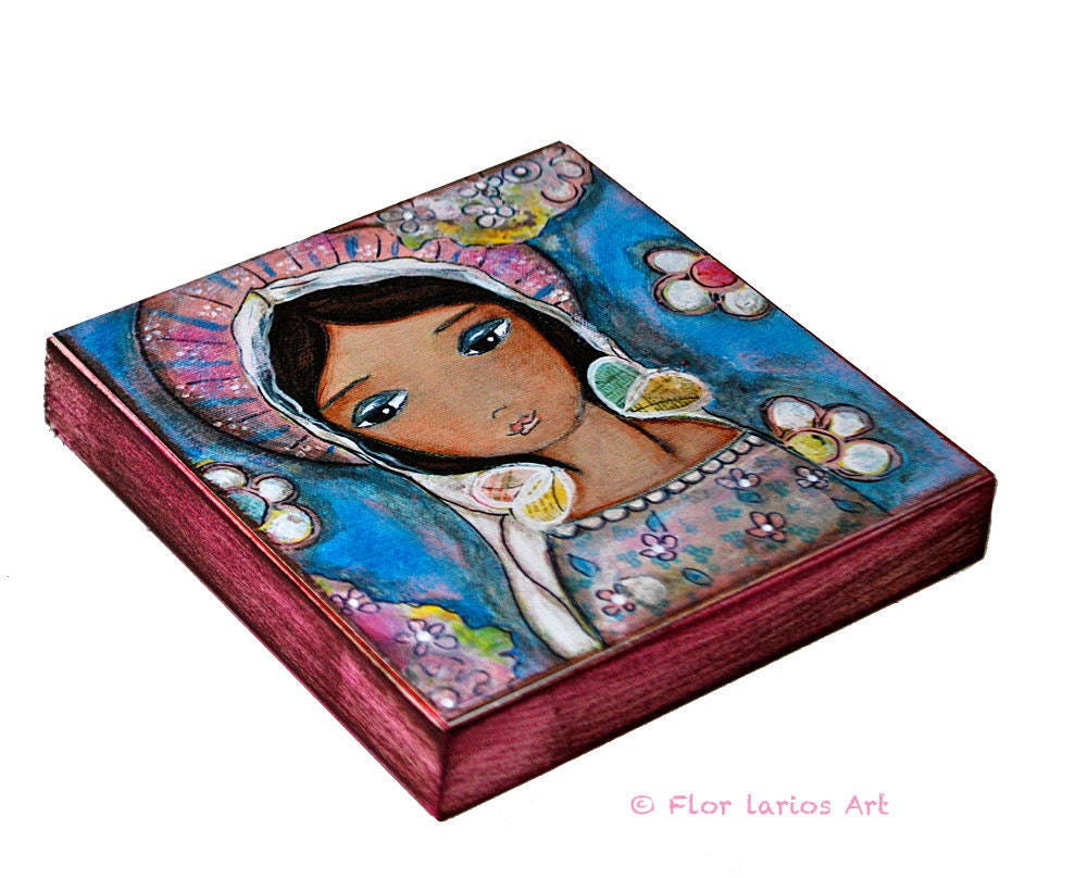 Watching Over You -  Giclee print mounted on Wood (4 x 4 inches) Folk Art  by FLOR LARIOS