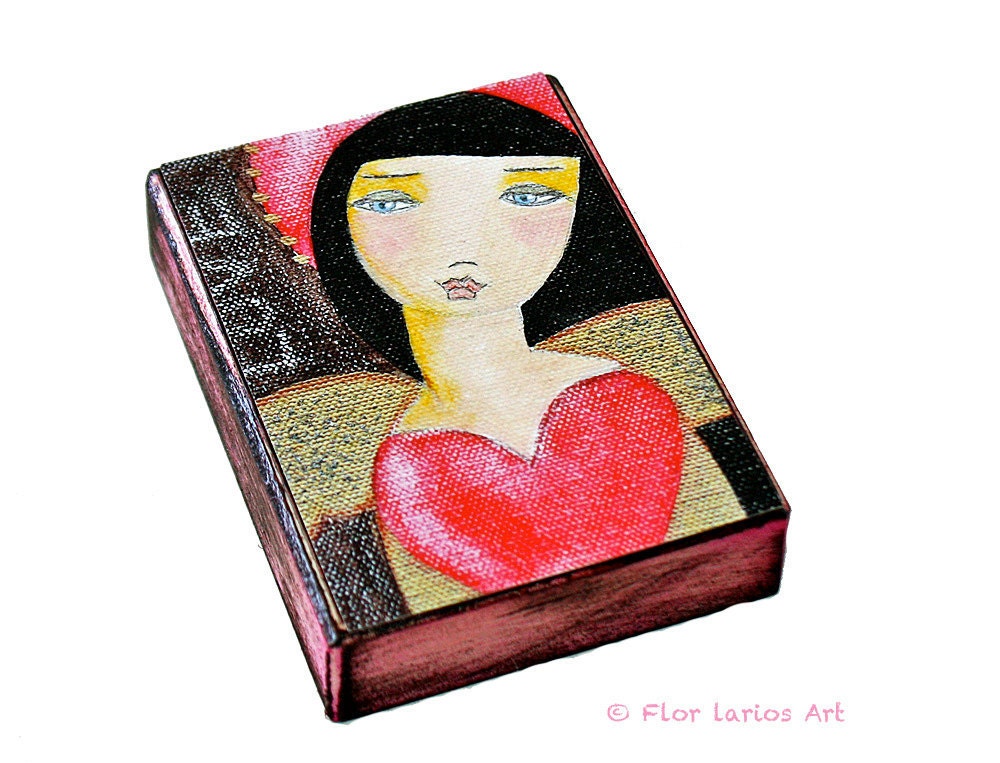 Valentine's Heart Angel  - ACEO Giclee print mounted on Wood (2.5 x 3.5 inches) Folk Art  by FLOR LARIOS