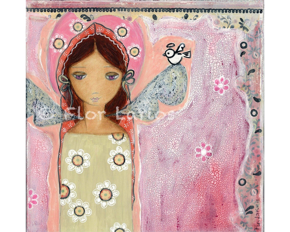 Angel with Little Bird- Reproduction from Painting by FLOR LARIOS (7 x 7 inches Print)