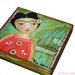 Frida y Pajarito - Giclee print mounted on Wood (4 x 4 inches) Folk Art by FLOR LARIOS