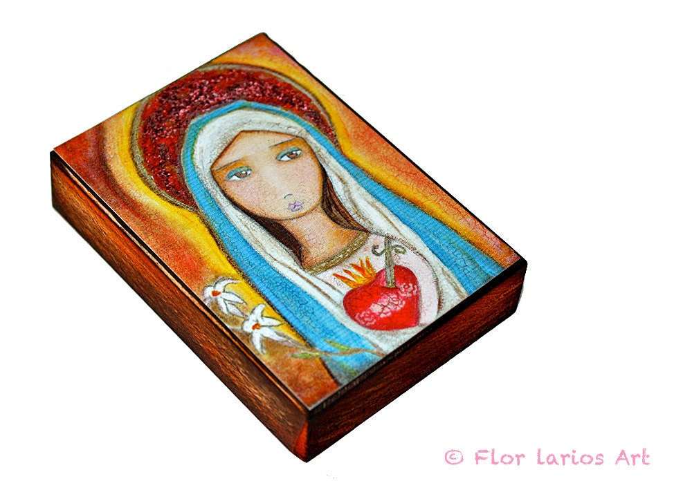Immaculate Heart of Mary - ACEO Giclee print mounted on Wood (2.5 x 3.5 inches) Folk Art by FLOR LARIOS