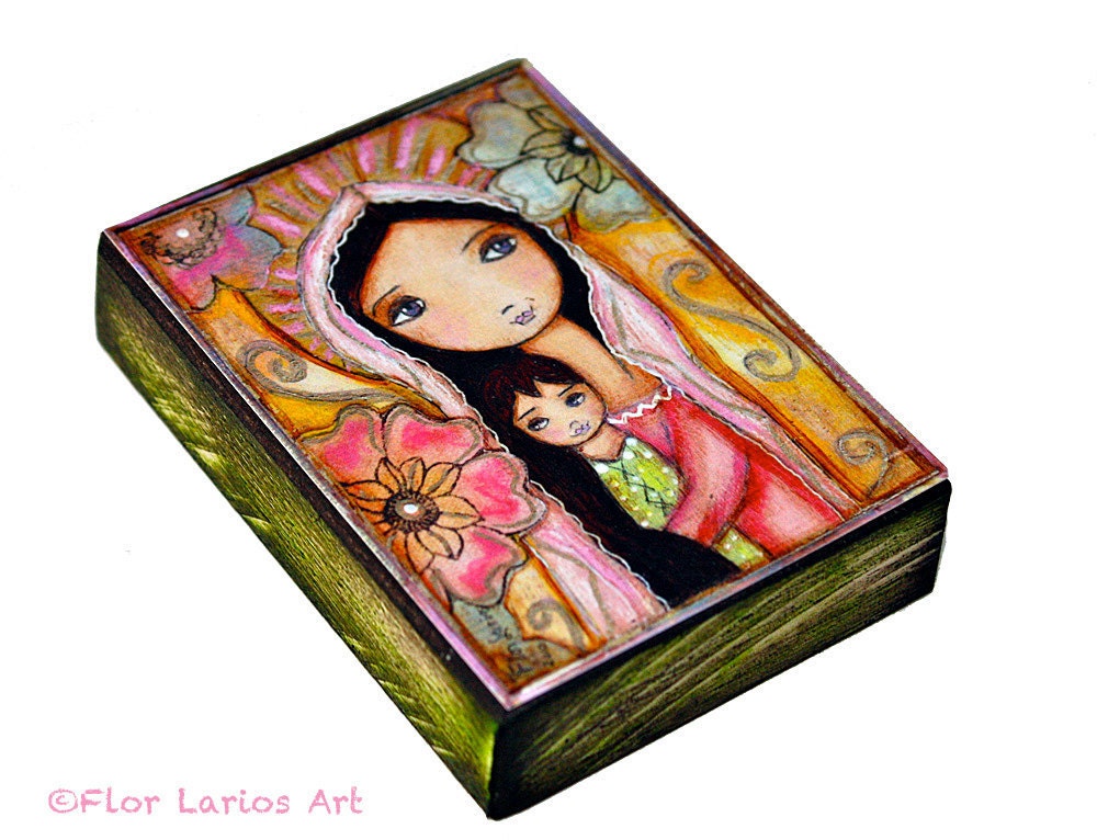 Young Madonna with Child and Flowers - ACEO Giclee print mounted on Wood (2.5 x 3.5 inches) Folk Art by FLOR LARIOS