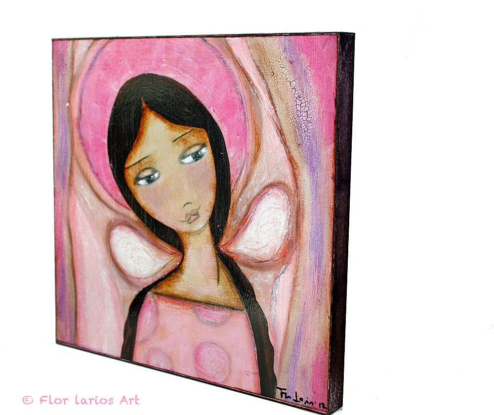 Pink Angel - Giclee print mounted on Wood (8 x 8 inches) Folk Art by FLOR LARIOS
