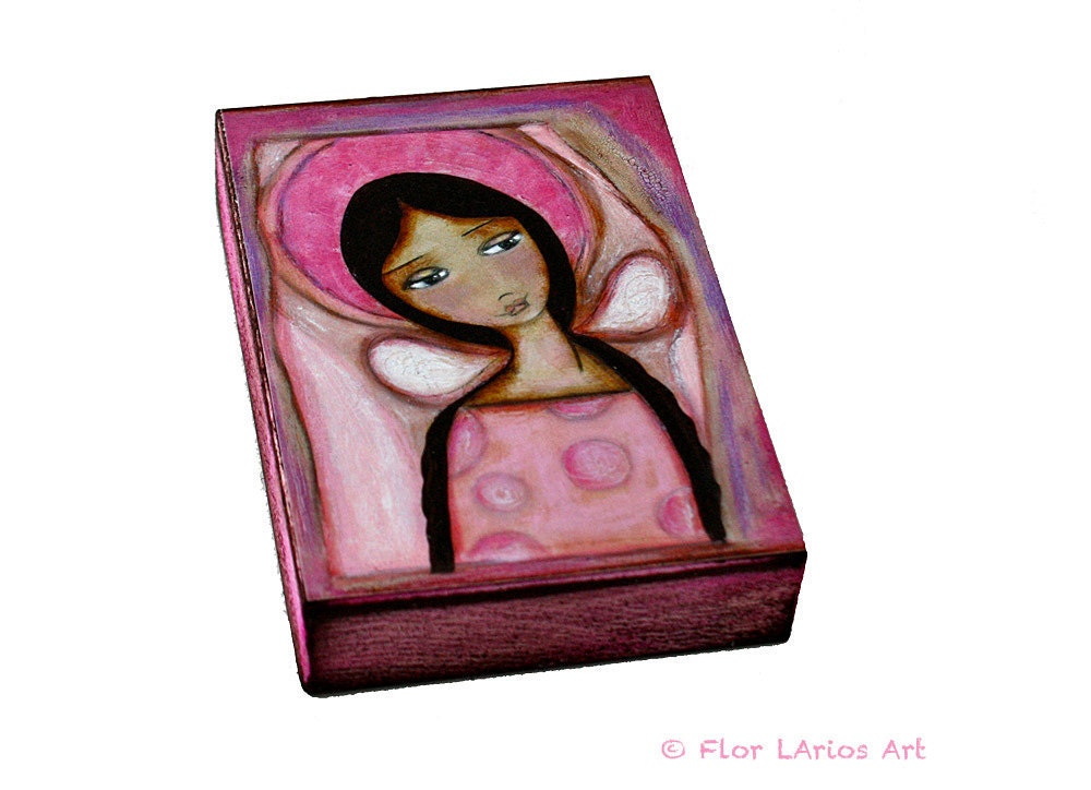 Pink Angel I - ACEO Giclee print mounted on Wood (2.5 x 3.5 inches) Folk Art by FLOR LARIOS