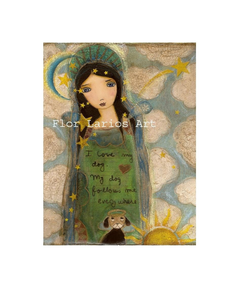 ON SALE- IN HEAVEN WITH MY DOG ANGEL-Folk Art (6 x 8 inches PRINT) by FLOR LARIOS