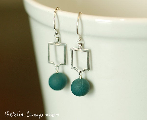 SALE Art Deco Style Sterling Silver Drop Earrings, Teal Clay Beads, Geometric, Modern - Ready to Ship