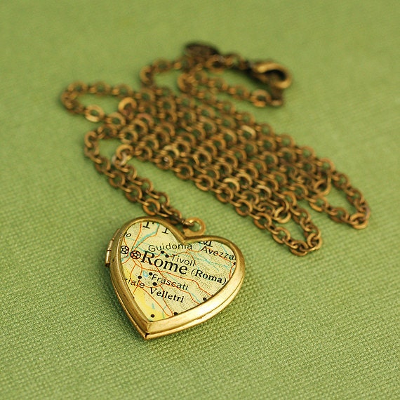 Free Shipping - Rome Map Necklace, Vintage Brass Heart Locket, Brass Chain - Version 1 - Gift under 40