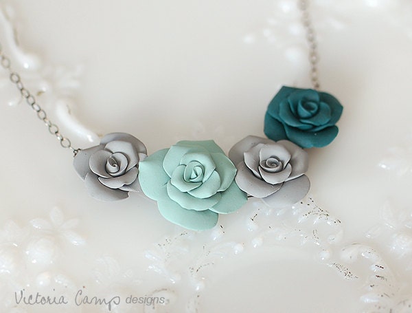 Handformed Clay Roses Necklace, Dark Teal, Sage Green, Gray, Oxidized Sterling Silver - Flower Floral - Ready to Ship