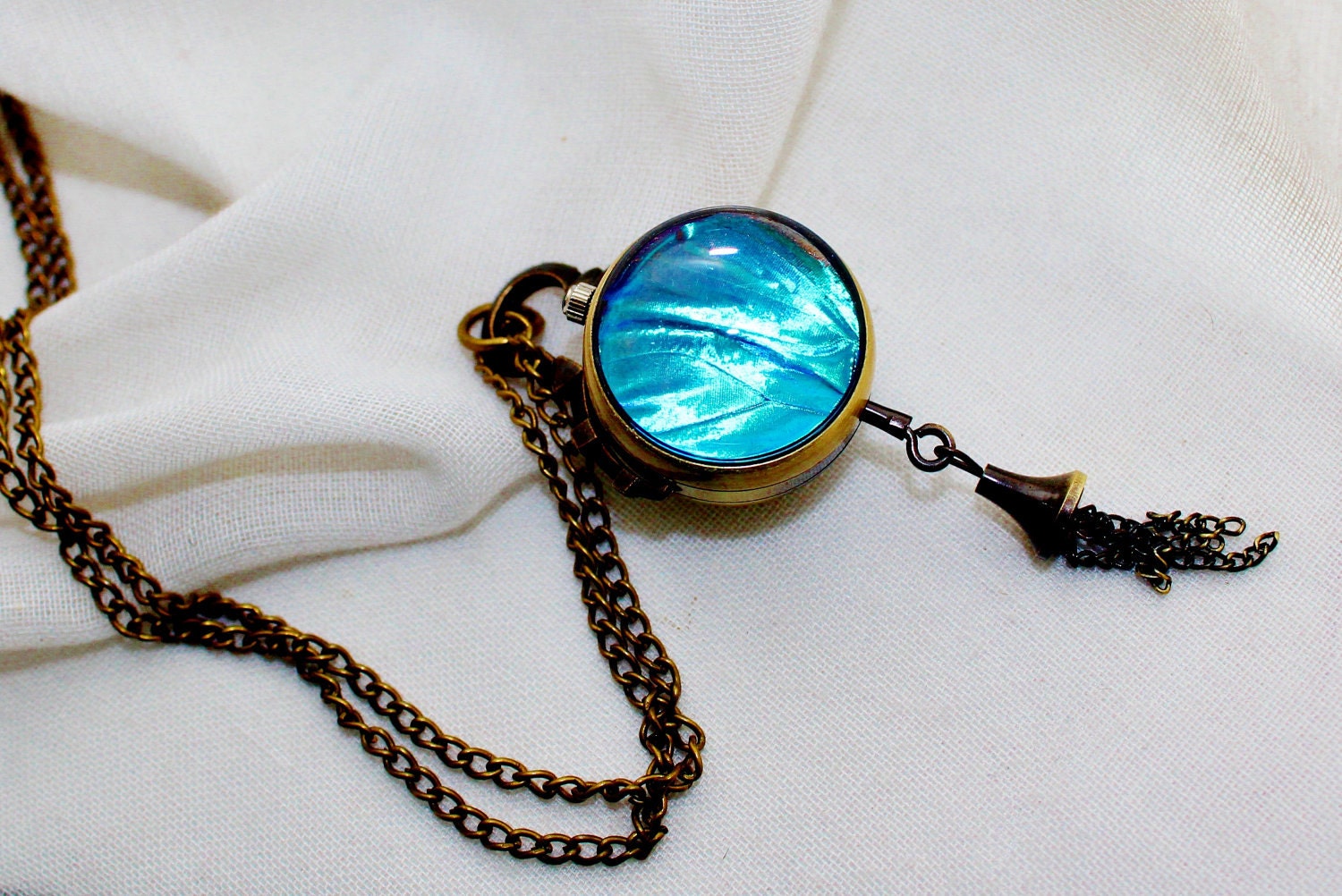 Real Blue Morpho Butterfly Wing Bubble Pocket Watch Necklace antique bronze Morpho zephyrities clock watch - Athenianaire